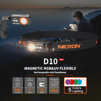 NICRON D10 EDC Flashlight Rechargeable，500 Lumens 3 Sources Pocket Compact RGB Flashlight with Headlamp Strip，Magnet Base for Fishing Outdoor Working